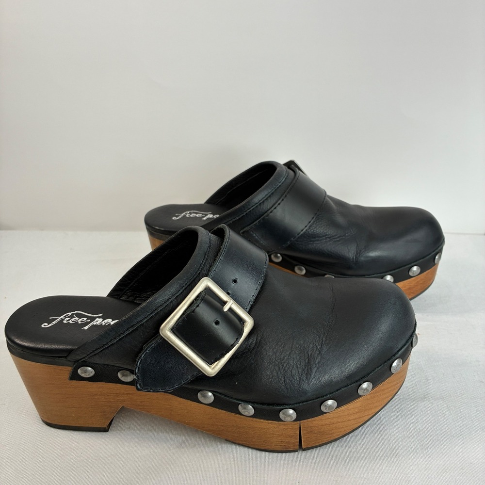 Free People Culver City Clog Women 38 Black Leather Studded Platform Wood Boho